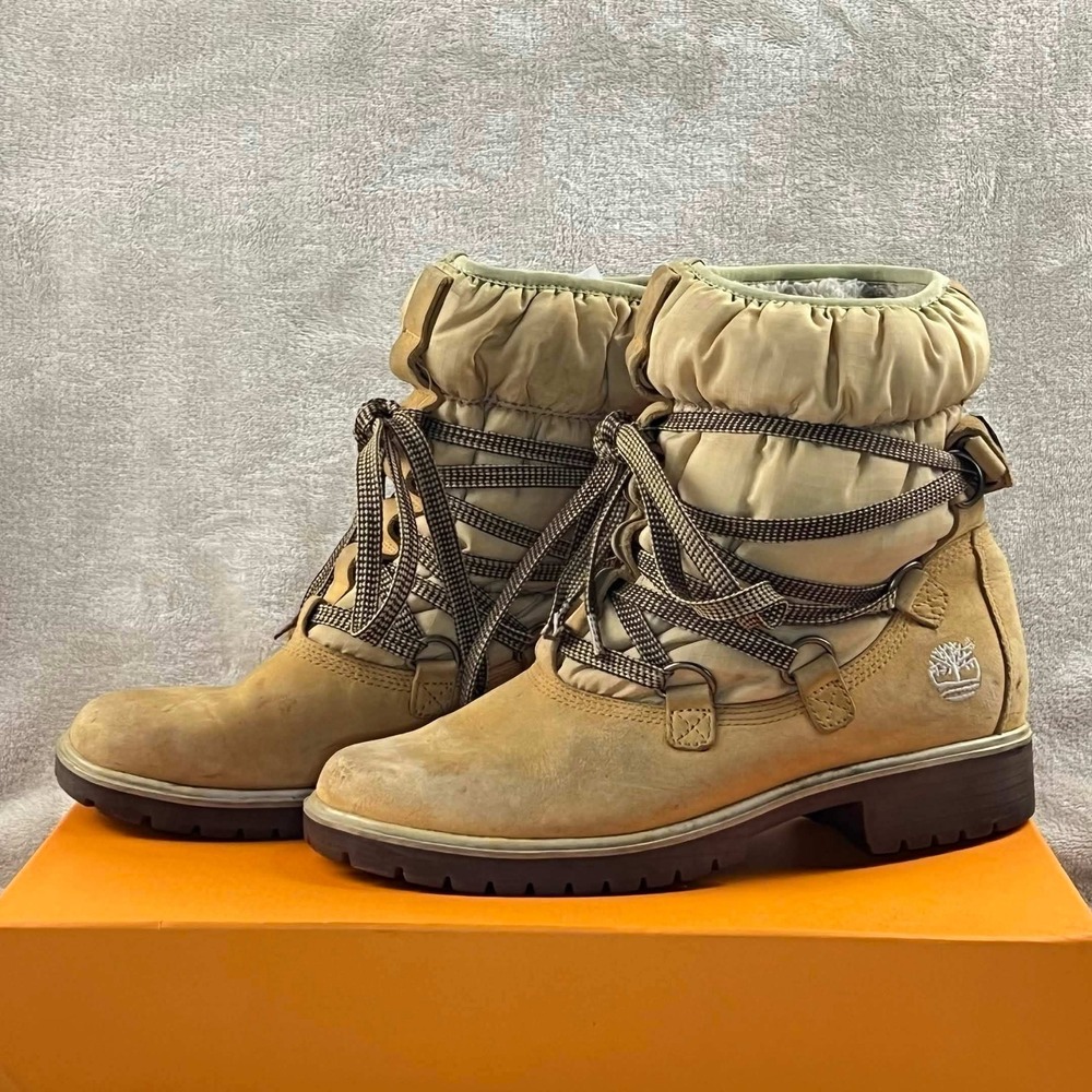 Timberland Wheat Tan Leather Puffer Winter Boots Faux Fur Lined XX099247-46 7M